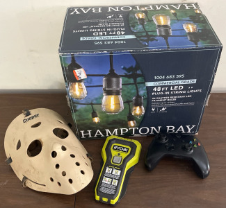 48Ft Led String Lights, Vintage Hockey Goalie Mask, Xbox Controller & Ryobi Stud Finder
