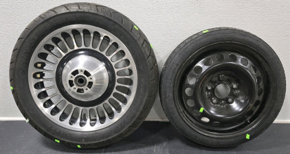 Shinko SR777 Motorcycle Tire Mounted on Wheel - 130/80-17 M/C 65H & Goodyear Convenience Spare Tire Mounted on Steel Wheel - T115/70D15