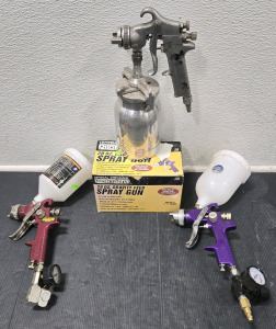 (3) Central Pneumatic Gravity Fed Spray Guns (1 New In Box) w/ Pressure Gauges & (1) Sharpe Full Metal Spray Gun