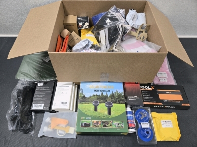 Assorted Amazon Box of Items Including: Fireproof/Waterproof File Organizer Case, iPhone Cases, Solar Powered Mole Repellent, Tattoo Cartridge Needles, Wood Glue, & More!
