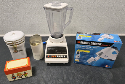 *New* Black & Decker Power Pro 250Watt Mixer (In Box), Vintage Osterizer Blender, Black & Decker Coffee Mill, Gevalia Kaffe Storage Jar, Vintage Metal Recipe Box w/ Recipes