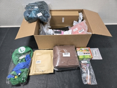 Assorted Amazon Box of Items Including: USB C to Displayport 2.1 Cables, Hot Tub Cover, Kids Luigi Costume, Food Scrap Bags, Tongue Scraper, & More!