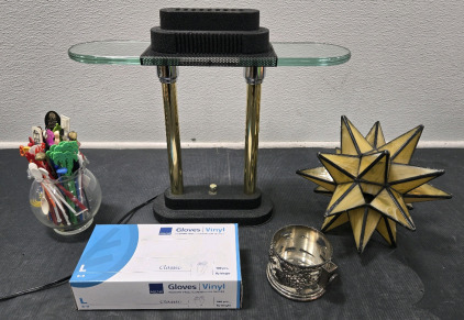 Fancy Dimmable Desk Lamp w/ Glass Top, Silver Plated Candle Holder Decor, Stained Glass Star Shaped Candle Holder Decor, Assorted Travel Stir Sticks in Glass Decor Bowl, & Powder Free Vinyl Exam Gloves (100 pcs)