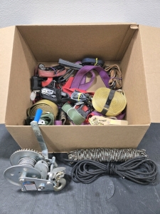 Haul Master 1000LB Hand Winch, Assorted Box of Straps & Nylon Rope