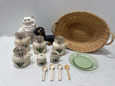 (2) Animal Statues (1) Wicker Basket & (1) Vintage Ceramic Kitchenware Set