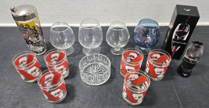 Vinturi Wine Aerator w/ Strainer in Original Packaging, Assorted Size Brandy Glasses, Cocktail Shaker Glass w/ Drink Recipes, Crystal Candy Dish, & Glass Santa Glasses