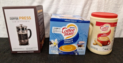 (1) 8-Cup Coffee Press, (1) 180-Count Box Of Coffee Mate Single Serve Creamers, French Vanilla, (1) 3.5-Pound Container Of Coffee Mate Original Dry Creamer