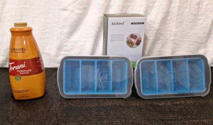 (1) 64-Oz Bottle Of Torani Puremade Caramel Sauce, (1) 2-Pack Of Aichoof Large Ice Cube / Freezer Trays W/Lids & (1) Box Of Assorted Amazon Overstock