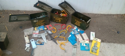 (3) Military Ammo Cans w/ Garage Hooks & Hardware - Mixed Lot<br/>
