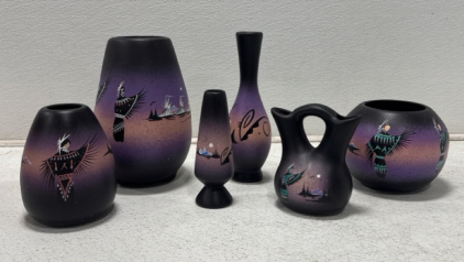 Lot of 6 Judy Bikhorse Hand-Painted Navajo Pottery with Birds Tepees Mountains