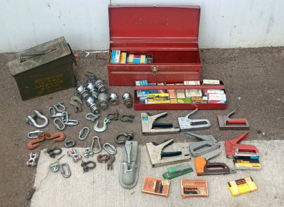 (1) Mixed Lot - Tape Measures Fasteners & Hardware in Ammo Cans