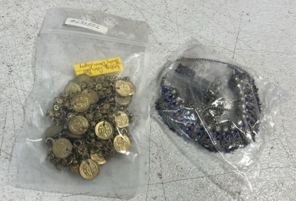 (1) Vintage Coin Belt (1) Bag of Costume Rhinestones