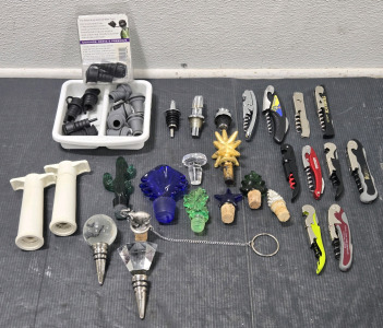 Assorted Wine Accessories: Bottle Stoppers (Rubber & Fancy Crystal), Cork Removers, Bottle Pourers, & Bottle Openers