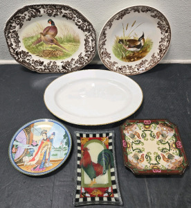 Assorted Decor Plates: Hand-Crafted in China, Bangladesh, & England, White Pier 1 Serving Dish, Glass Rooster Dish
