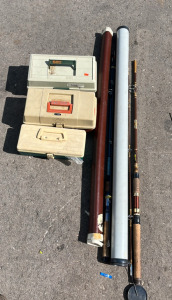(3) Fishing Tackle Boxes (1) Garcia Conolon Companion 2506 (1) Unknown Name Fishing Pole