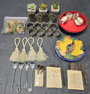 Fancy Silver Plated Napkin Holders, Assorted Decor Napkin Holders, Stainless Cocktail Stir Spoons, Mini Wood Utensils, Small Faux Succulents
