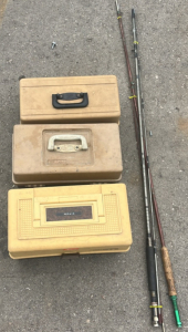 (3) Fishing Tackle Boxes (1) Unknown Brand Of Fishing Pole (1) Master 3080GR Fishing Pole