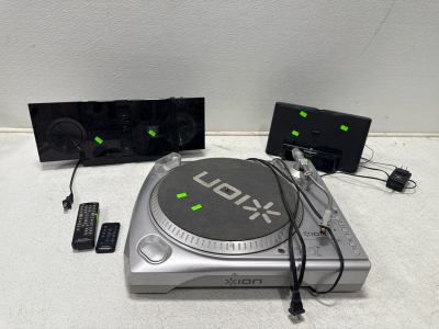(1) Sony Personal Audio Docking System (1) Sharp CD Player With Speakers & (1) Ion USB Turntable With Universal Dock For Ipad
