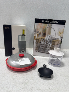 (1) Blinq Wine Chiller- In Original Packaging (1) Silver Metal Buffet Caddy & Other Assorted Kitchen Items