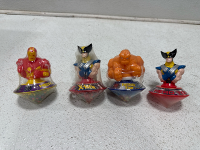 (4) Vintage Marvel Comic Candy Tops, Iron Man, X-Men, Fantastic Four, & Wolverine