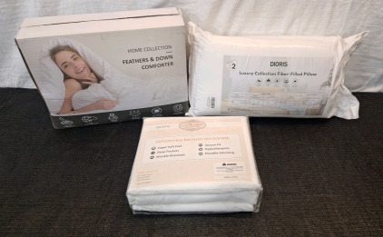 (1) Feathers & Down Comforter, Queen, (1) 2-Pack Of Dioris Bed Pillows & (1) 4-Piece Microfiber Sheet Set