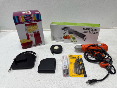 (1) Black & Decker Wired Drill With Drill Bits & (1) Popcorn Maker & (1) Mandoline Dial Slicer