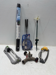 (1) Weed Barrier (1) Badminton Racket Set & Sprinkler Hose Attachments
