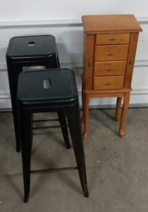(1) 35x12x8.5 Jewelry Box and (2) Bar Stools