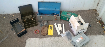 (1) Industrial Toolbox & Hardware Items - (3) Metal Toolboxes (1) Electrical Disconnect (1) Belt Pouch (1) Jobmaster Pliers (1) Box of PVC Fittings (1) Roll of Steel Hanger Strap (4) Short PVC Pipes (1) Assorted Fasteners Bag (1) Red Air Hose (1) Electric