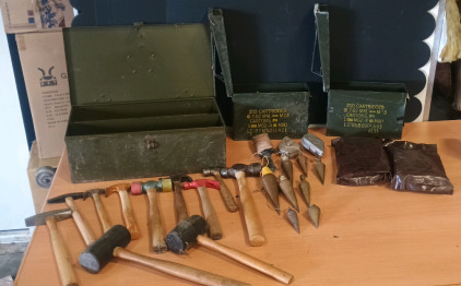 (28) Tools & Military Ammo Cans - Hammers Plumb Bobs & More