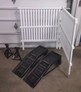 A Pair of Black Car Ramps, A Pair of Black Car Jacks, & 37"x 37" L-Shaped Fence Post Piece