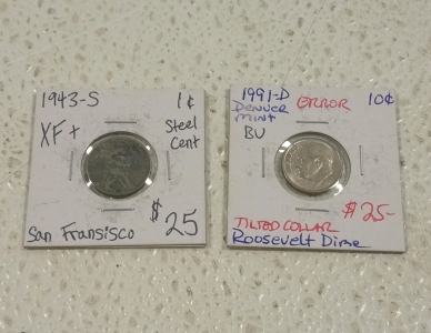 (1) 1943 S Steel Penny and (1) 1991 D Roosevelt Dime with Error