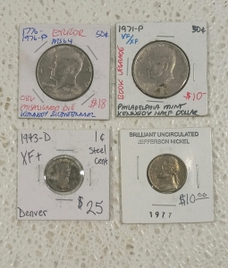(1) 1943 D Steel Penny, (1) 1977 P Jefferson Nickel, (1) 1976 P 1776 Kennedy Half Dollar With Mint Error, (1) 1971 P Kennedy Half