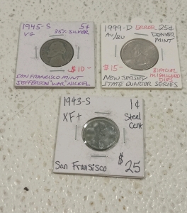 (1) 1999 D New Jersey State Quarter With Mint Error, (1) 1945 S Jefferson War Nickel, and (1) 1943 S Steel Penny