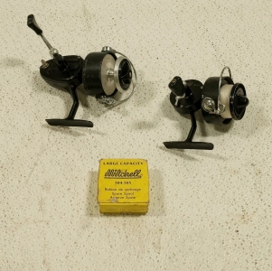 (1) Mitchell Vintage Made in France 300A Serial #M334511 Spinning Reel, (1) Garcia Mitchell 304 Vintage 1960s Spinning Reel Smooth Running, and (1) Spool for 304-305 Reels in Box