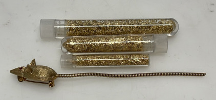 Gold Mouse Brooch with Red Eyes, Includes 3 Vials of Gold Flakes