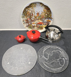 Medium & Small Le Creuset Enamel Cast Iron Pots (Made in France), Vintage Tea Kettle w/ Gilded Bird Topper, Daher Decorated Ware Tin Plate (Made in England), Etched & Frosted Glass Trays