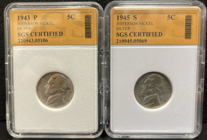 1943 P and 1945 S Jefferson Nickels, SGS Certified, Silver Composition