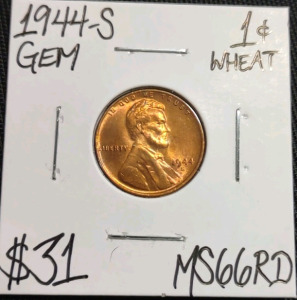 1944-S MS66RD Red Gem Wheat Copper Penny