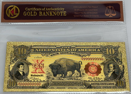 24k Gold Flake U.S. Ten Dollar Banknote , Serial 99999999, COA Included