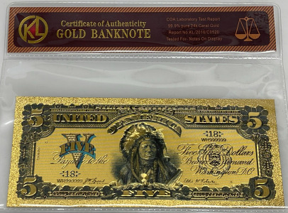 Gold-Plated $5 Banknote, 24K Gold Flake, Serial WR9899939