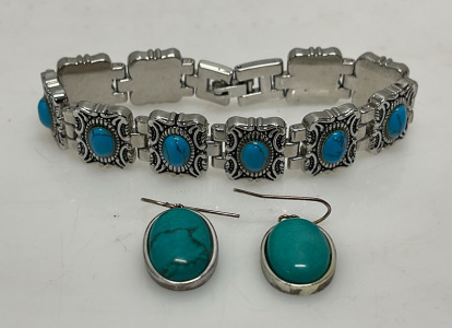 Silver-tone Turquoise Jewelry Set, Oval Shape, Bracelet & Hook Earrings