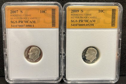 2007 & 2009 S Roosevelt Dime, Silver Proof, PR70CAM, SGS Certified