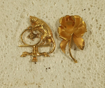 (1) 18K Gold Leaf Cat and Fish Brooch and (1) 18K Gold Leaf Rose Brooch