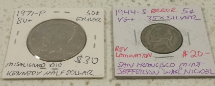 (1) 1944 S Jefferson War Nickel With Error and (1) 1971 P Kennedy Half Dollar With Error