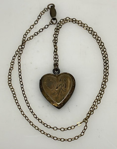 Heart-Shaped Brass Locket Pendant Necklace W/ Chain, Photo Insert
