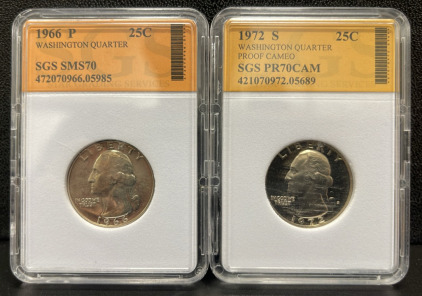 1966 P & 1972 S Washington Quarters, SGS Graded SMS70 & PR70CAM