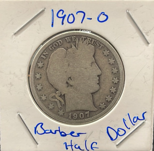 1907-O Barber Half Dollar Coin, New Orleans Mint, 90% Silver