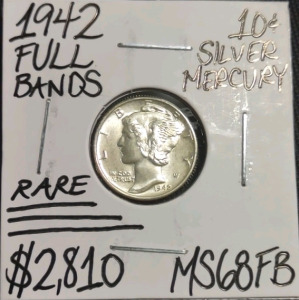 1942 MS68FB Rare Full Bands Silver Mercury Dime