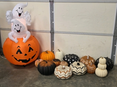 Halloween Decor - Foam Pumpkins and Fan Inflatable Ghosts in a Jack-O-Lantern